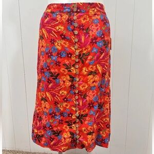NEW Maison d' Amelie Paris Womens Skirt Sz L Red Floral Midi Buttons Linen Blend